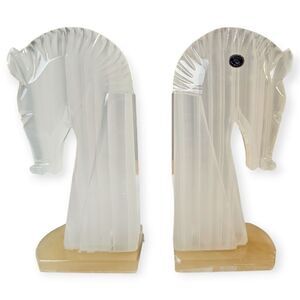 Vintage Onyx Carved Ivory Horse Bookends